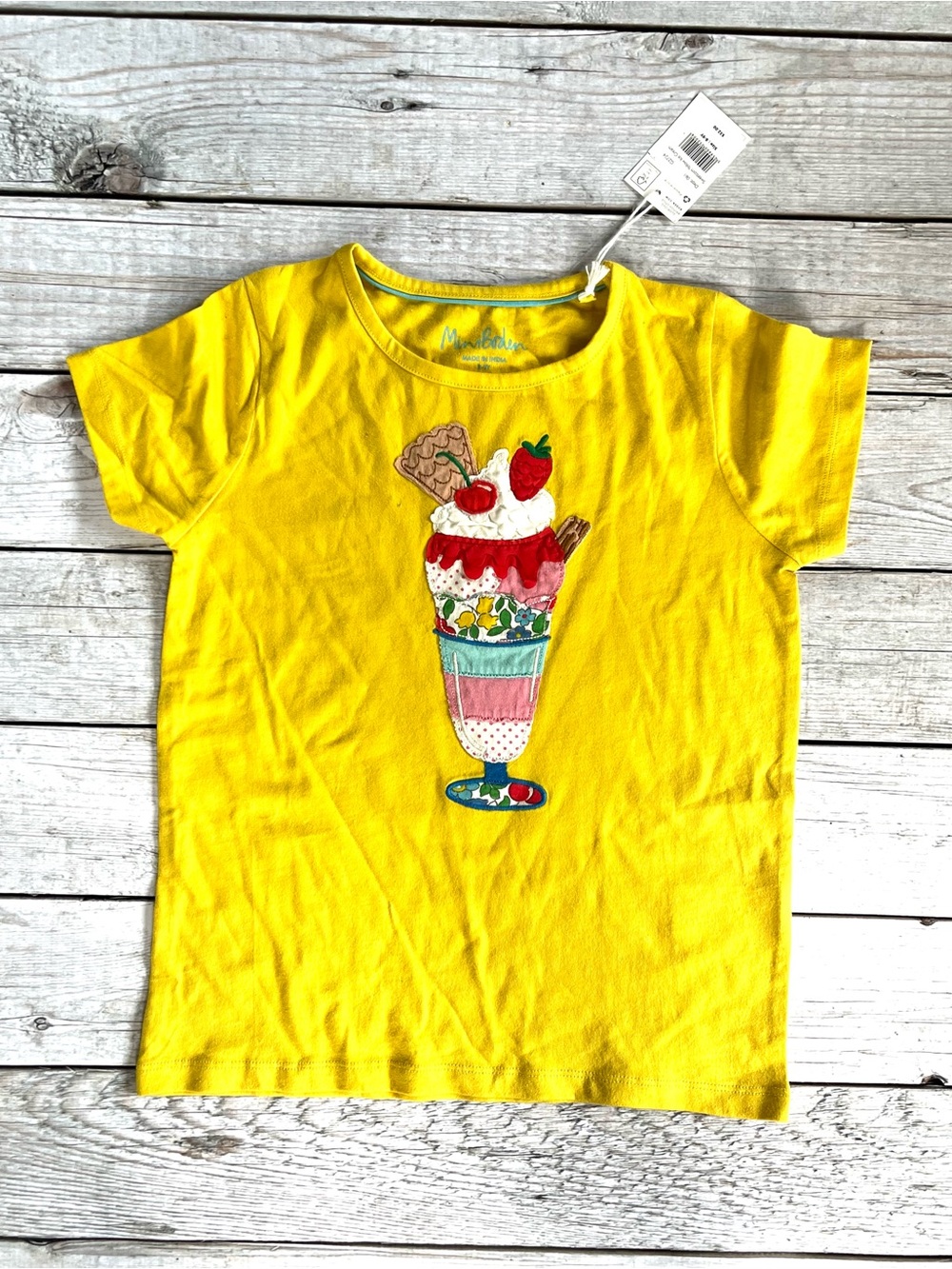 NWT Mini Boden Bright Yellow Ice Cream Appliqué Tee